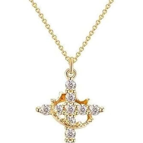 Goohopsun Paved Cross Rotated Crown Necklace for Women, Dainty Diamond Cross Necklace Zircon 14K