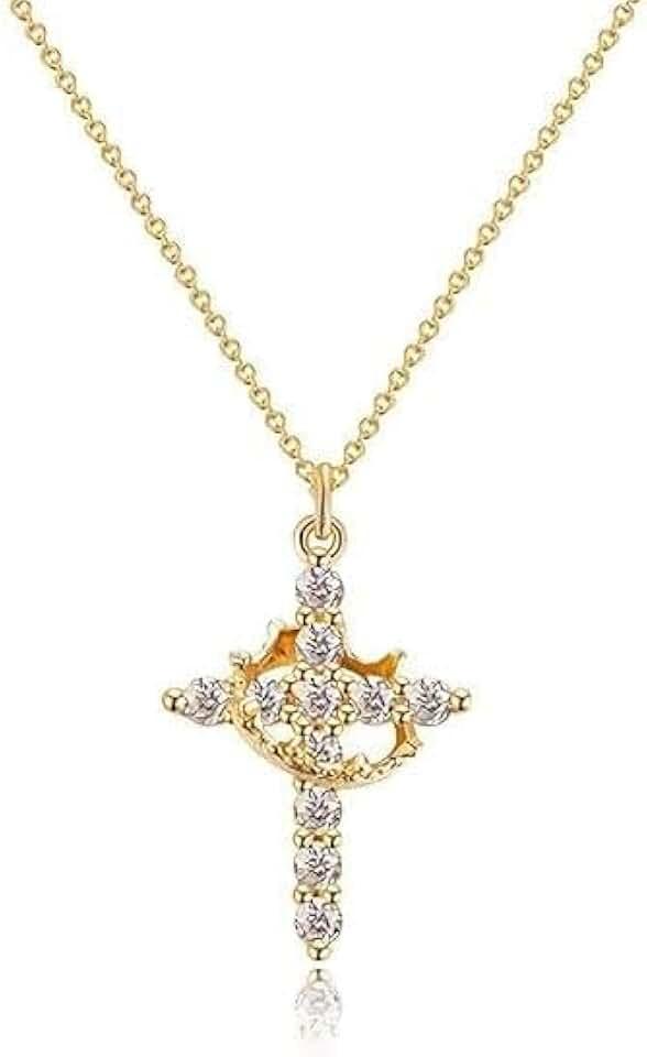 Goohopsun Paved Cross Rotated Crown Necklace for Women, Dainty Diamond Cross Necklace Zircon 14K