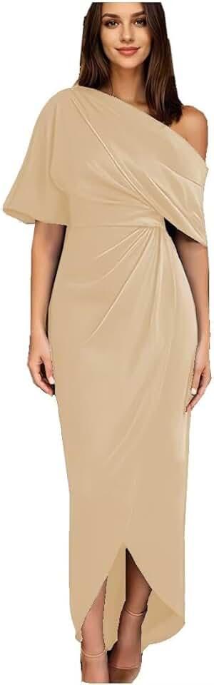 Women's One Shoulder Satin Mother of The Bride Dress with Sleeves Tea Length Fromal Evening Dress with Slit RS074