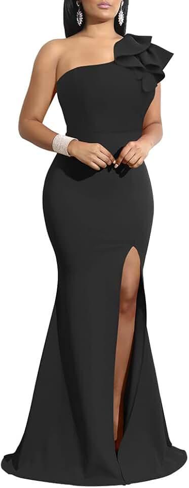 Women's Sexy Sleeveless One Shoulder Ruffle High Split party Evening Long Formal Dress