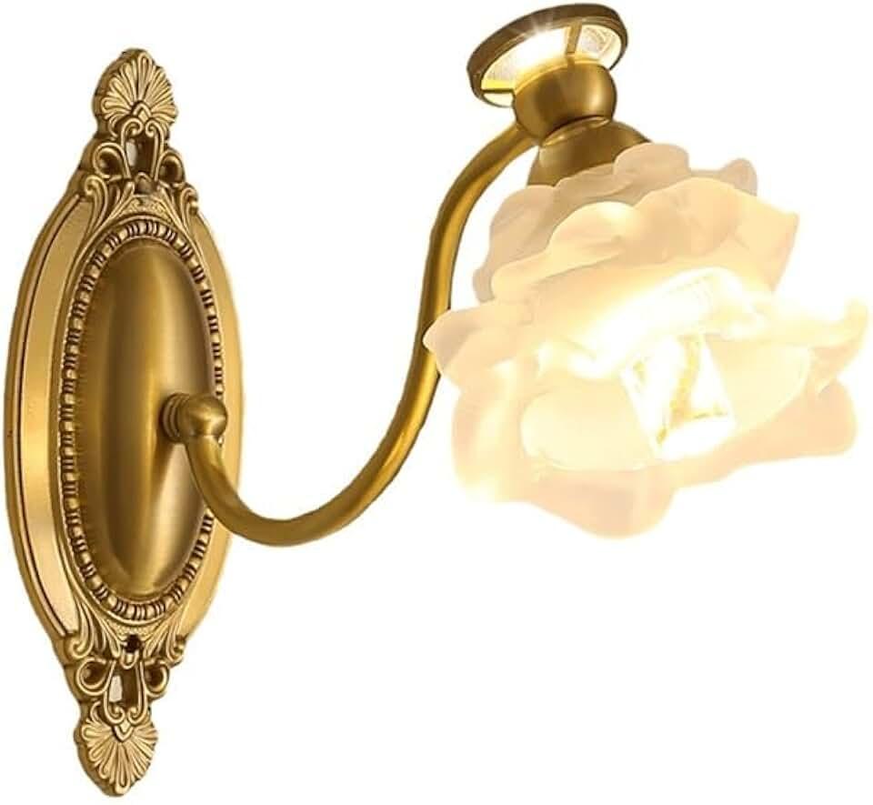 BKLFGP Bedroom Bedside Gold All Copper Wall Sconce Rose Floral Glass Flower Wall Vintage Light