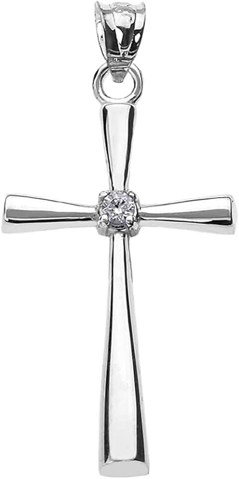 Religious Jewelry .925 Sterling Silver Diamond Accented 1-1/8" Solitaire Flared Cross Pendant