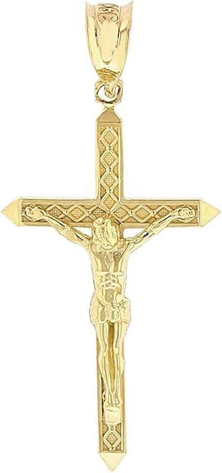 14K Yellow Gold 1-1/4" Crucifix Passion of Christ Cross Pendant Necklace - Choice of Rolo Chain