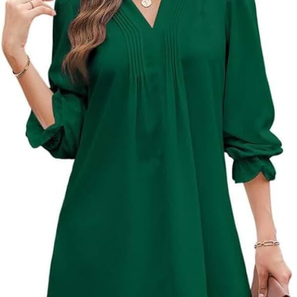 Womens Casual Dress A-Line Ruffle Sleeve V Neck Midi Dress 2024 Fashion Pleated Flowy Sundress Loose Shirt Dresses