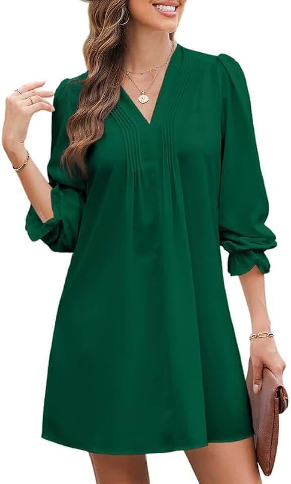 Womens Casual Dress A-Line Ruffle Sleeve V Neck Midi Dress 2024 Fashion Pleated Flowy Sundress Loose Shirt Dresses