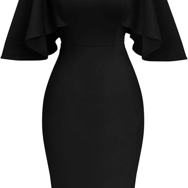 Women's Ruffle Flared Sleeve Bodycon Pencil Formal Cocktail Midi Dress