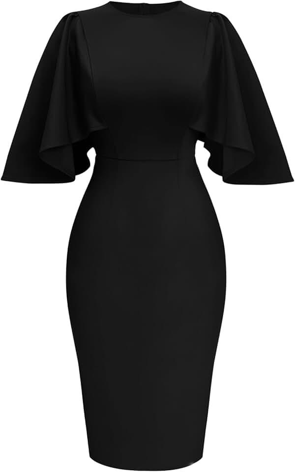 Women's Ruffle Flared Sleeve Bodycon Pencil Formal Cocktail Midi Dress