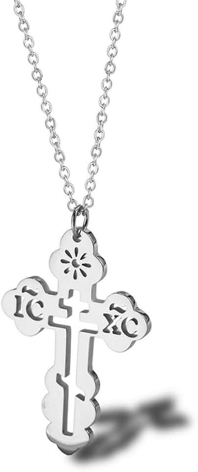 Stainless Steel Eastern Orthodox Cross Pendant Necklace,18K Gold Plated Women Religious Cross