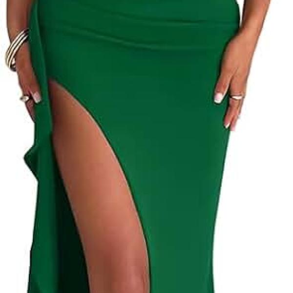 Women's Elegant Bodycon Off Shoulder Sleeveless High Split Ruched Long Formal Evening Dress