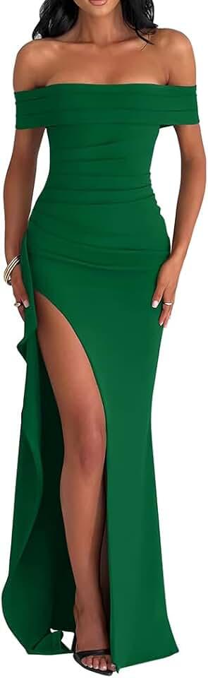 Women's Elegant Bodycon Off Shoulder Sleeveless High Split Ruched Long Formal Evening Dress