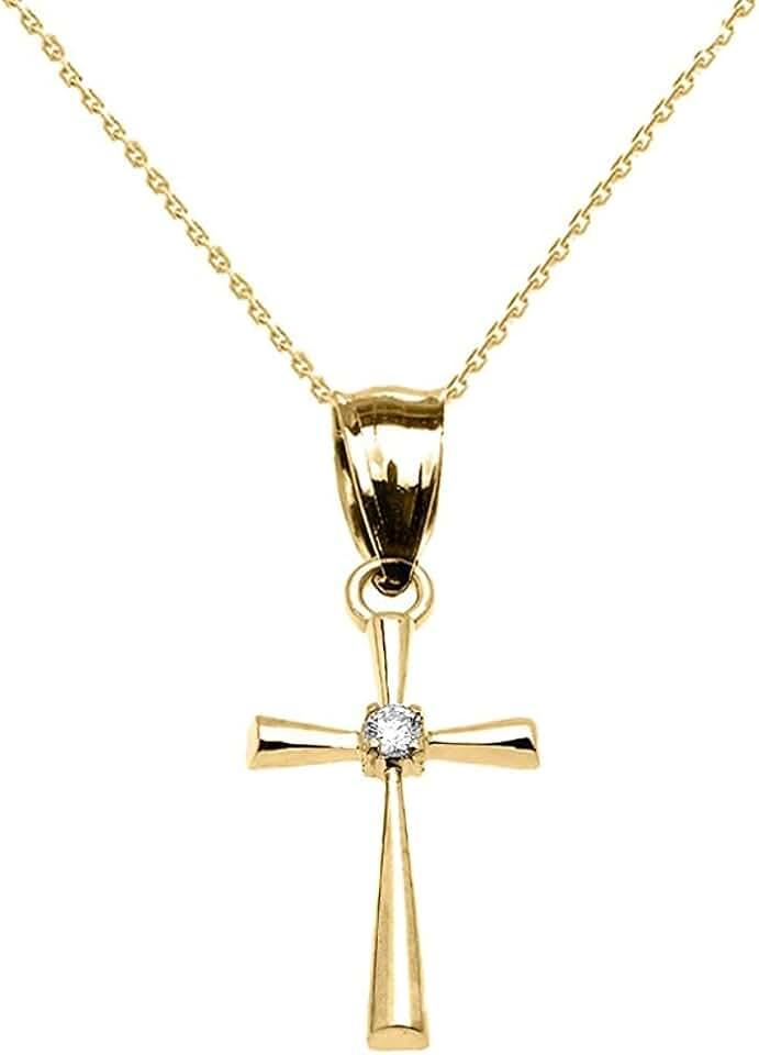 14K Yellow Gold Diamond Solitaire Accent Cross Pendant Necklace with Rolo Chain and Pendant only