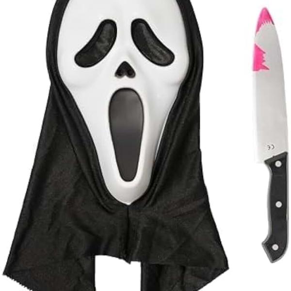 Scary Horror GhostFace Mask with Bloody Toy Knife Halloween Scream Cosplay Costume