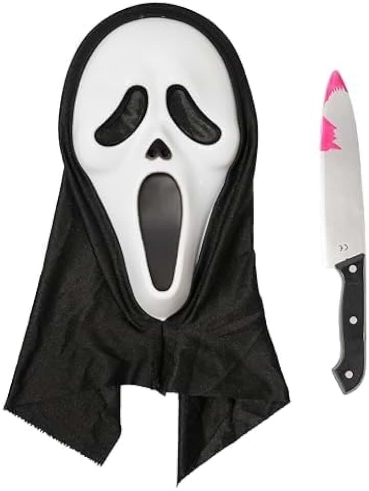 Scary Horror GhostFace Mask with Bloody Toy Knife Halloween Scream Cosplay Costume