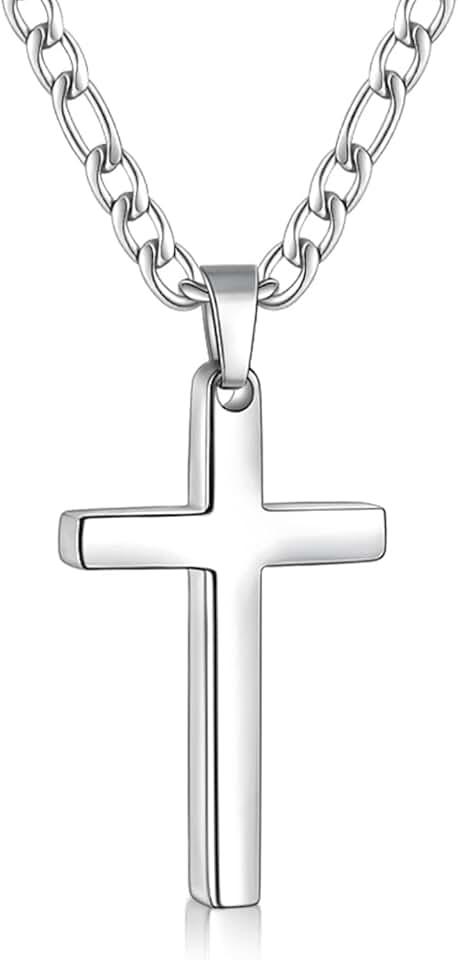 Fiusem Cross Necklace for Men, Stainless Steel Mens Cross Necklaces with 3.5mm Figaro Cross Chain,