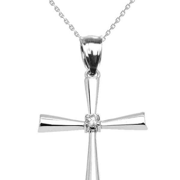 Religious Jewelry .925 Sterling Silver Diamond Accented 1-1/2" Solitaire Flared Cross Pendant