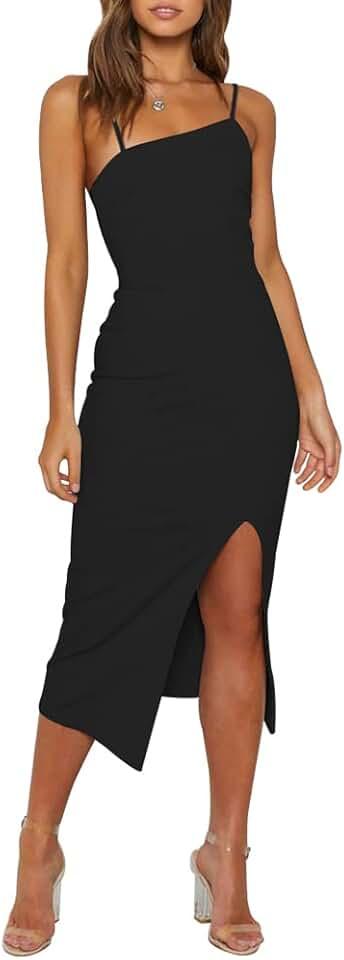 Women's Adjustable Spaghetti Straps Sleeveless High Waist Split Midi Bodycon Cocktail Party Dress