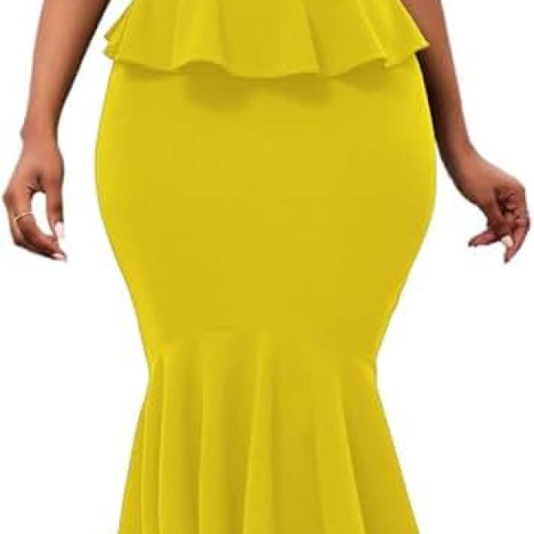 Womens Summer Ruffle Short Sleeve Fishtail Dress Evening Cocktail Formal Peplum Midi Cocktail Mermaid Dresses Elegant