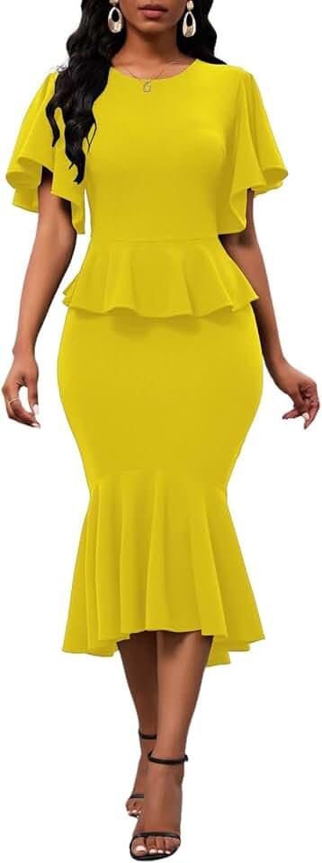 Womens Summer Ruffle Short Sleeve Fishtail Dress Evening Cocktail Formal Peplum Midi Cocktail Mermaid Dresses Elegant