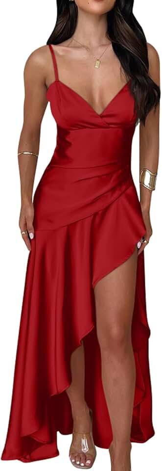 Women's Sexy Satin V Neck High Slit Ruffle Hem Party Evening Maxi Dress