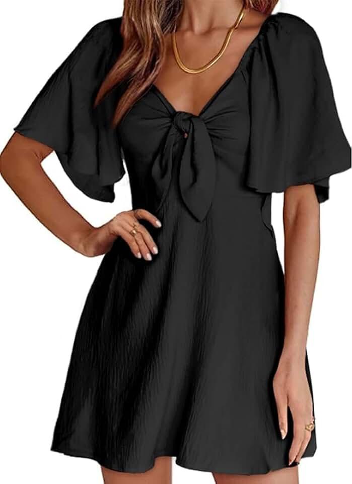 Womens Dresses 2024 Fall Summer Deep V Neck Elegant Bow tie Mini Dress S-XL