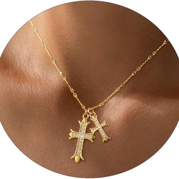 Cross Necklace 14K Gold/Silver Plated Double Cross Pendant Necklace Dainty Diamond Big Cross Charm