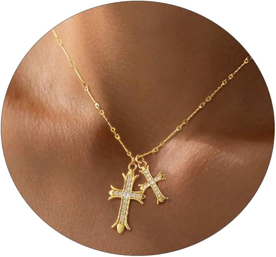 Cross Necklace 14K Gold/Silver Plated Double Cross Pendant Necklace Dainty Diamond Big Cross Charm