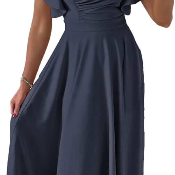 Women's V Neck Elegant Party Dress Short Sleeve Skater Dress Wedding Guest Dresses