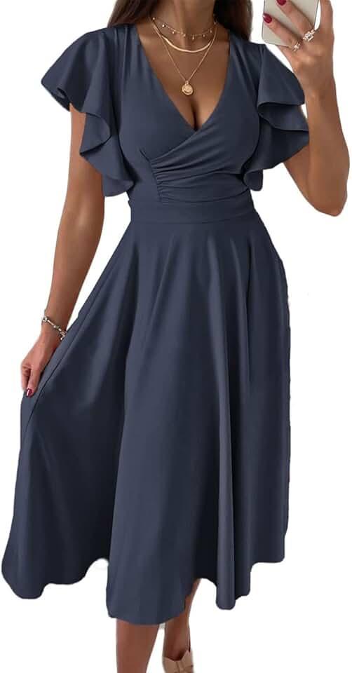 Women's V Neck Elegant Party Dress Short Sleeve Skater Dress Wedding Guest Dresses