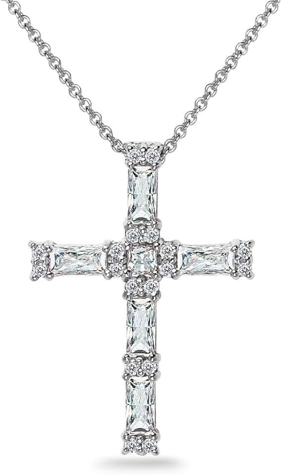 B. BRILLIANT Sterling Silver Baguette-cut AAA Cubic Zirconia Cross Necklace Made for Women