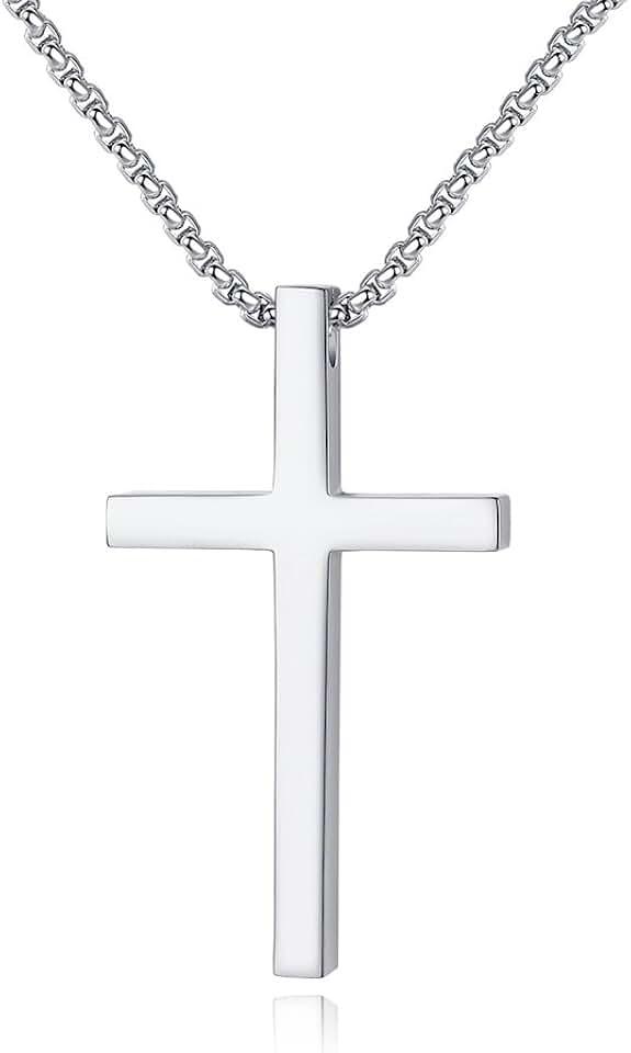 Reve Simple Stainless Steel Silver Tone Cross Pendant Chain Necklace for Men Women, 20-22 Inches