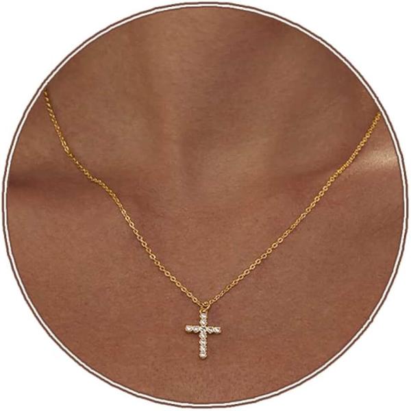 Zeffy Cross Necklace for Women,18K Gold/Silver Plated Tiny Cubic Zirconia Cross Pendant Necklace