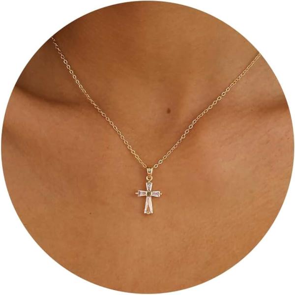 Gold Cross Necklaces for Women, Dainty Gold Necklace 14k Gold Plated CZ Cross Pendant Necklace