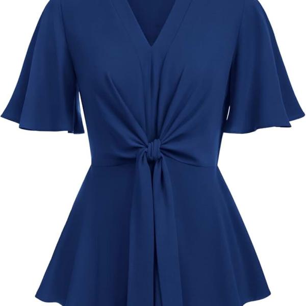 GRACE KARIN 2024 Women's Elegant V Neck Peplum Tops Tie Front Short Bell Sleeve Shirts Tops Blouse