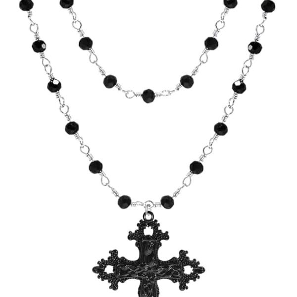 Gothic Layered Cross Pendant Necklace for Women, Womens Black Beaded Goth Punk Grunge Jewelry