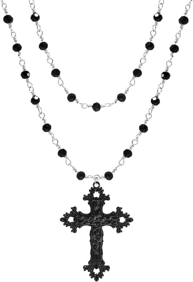 Gothic Layered Cross Pendant Necklace for Women, Womens Black Beaded Goth Punk Grunge Jewelry