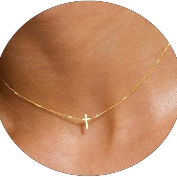 Cross Necklace for Women 14K Gold Silver Plated Sideways Cross Necklace Set Dainty Simple Silver