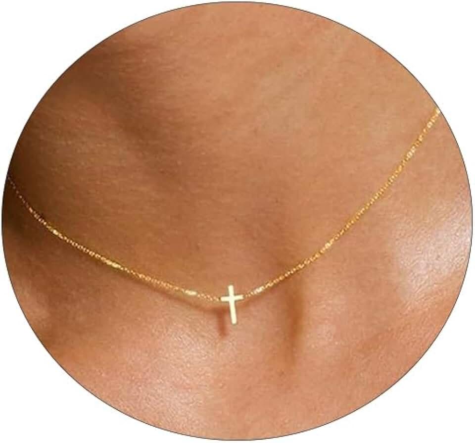 Cross Necklace for Women 14K Gold Silver Plated Sideways Cross Necklace Set Dainty Simple Silver