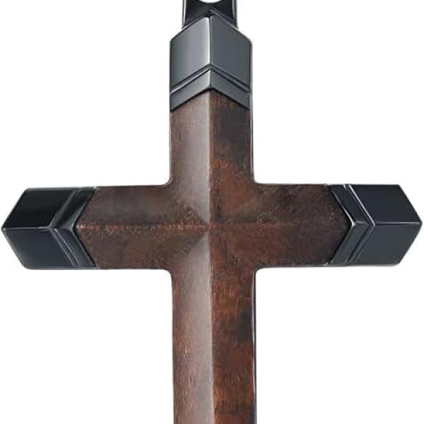 Wooden Cross Necklace for Men, Real Ebony Inset In Black Stainless Steel Christian Wood Crucifix