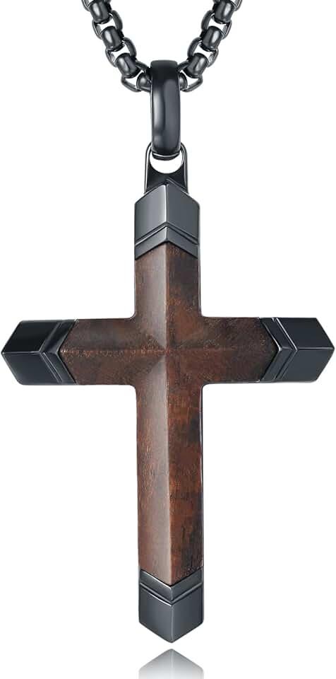 Wooden Cross Necklace for Men, Real Ebony Inset In Black Stainless Steel Christian Wood Crucifix