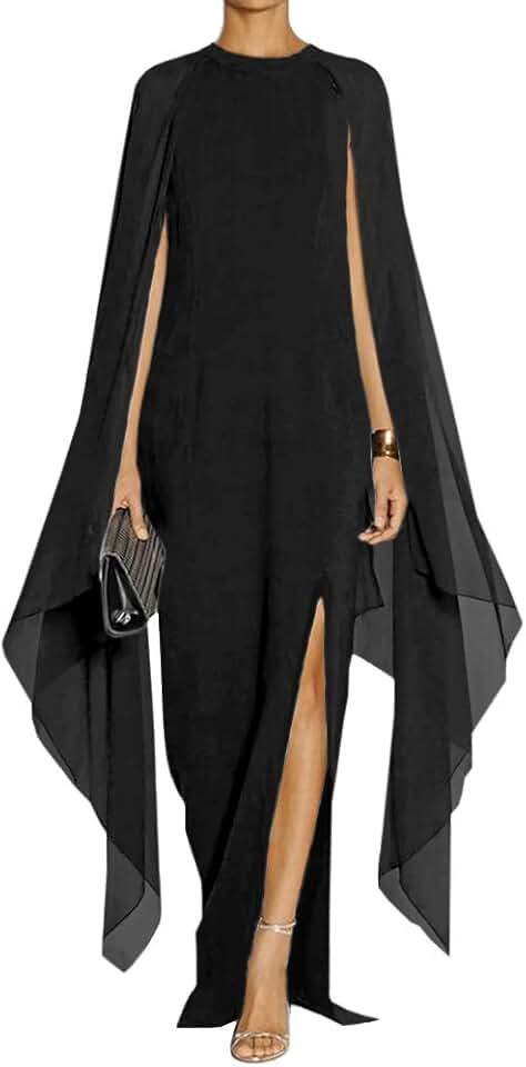 Women's Elegant High Split Flare Sleeve Formal Evening Gowns Maxi Dress with Cape