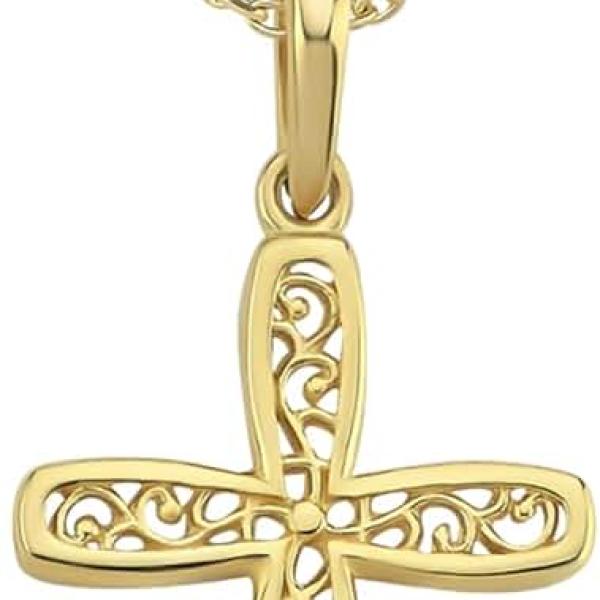 14K Solid Gold Cross Necklace for Women, Pattern Gold Cross Pendant Chain,Adjustable Crucifix