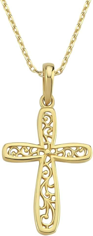 14K Solid Gold Cross Necklace for Women, Pattern Gold Cross Pendant Chain,Adjustable Crucifix