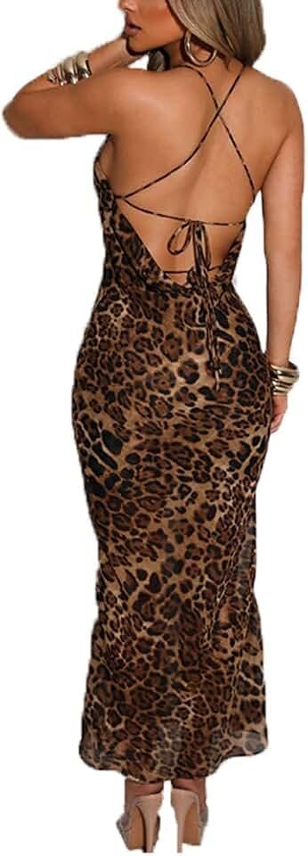 Women Backless Maxi Dress Sexy Sleeveless Leopard Cocktail Dresses Bodycon Spaghetti Strap Party Long Dress