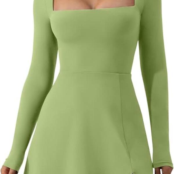 Womens Square Neck Bodice Dress Long Sleeve Side Slit Flare Mini Dresses