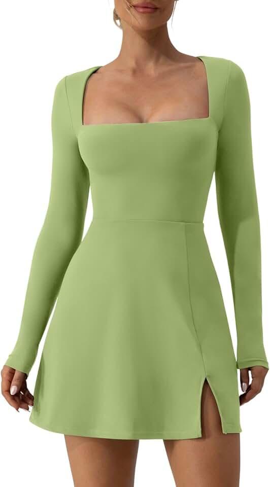 Womens Square Neck Bodice Dress Long Sleeve Side Slit Flare Mini Dresses