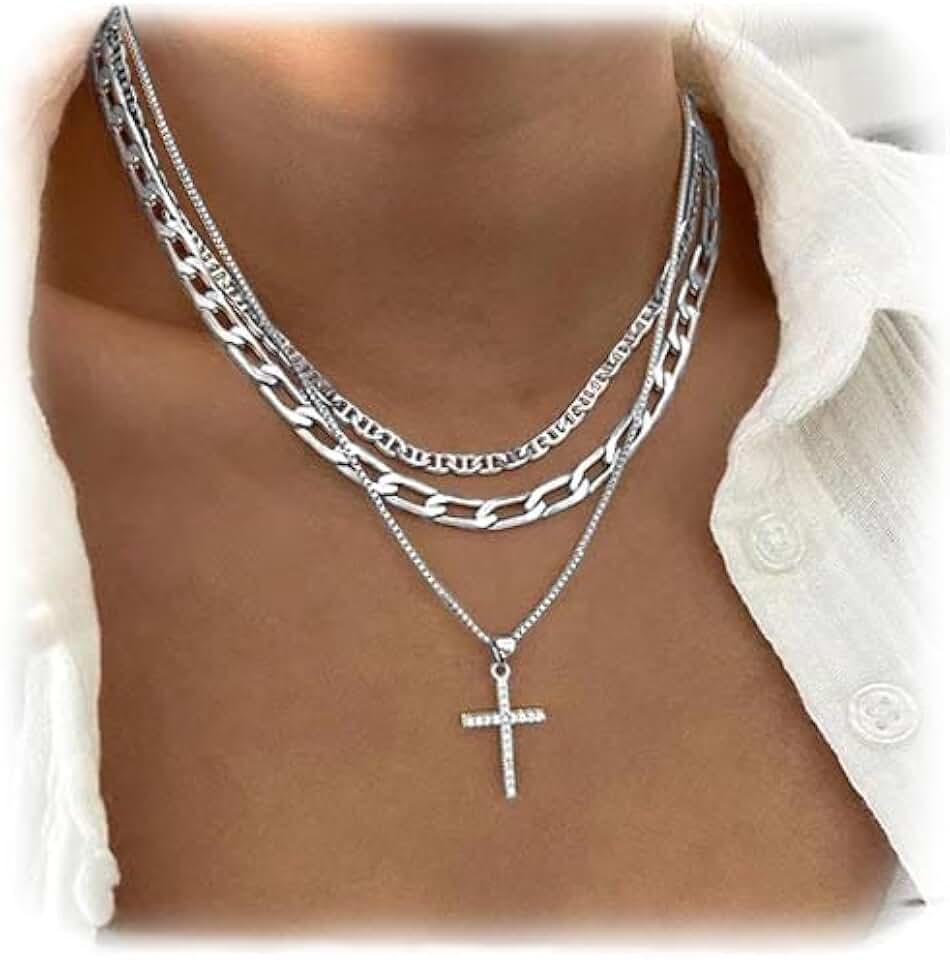 LAKIYOYO Gold Layered Necklace for Women Adjustable Multilaye CZ Diamond Cross Pendant Necklace