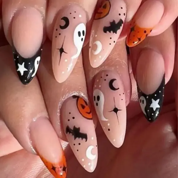 Halloween French Tip Press on Nails Medium Almond Fake Nails with Pumpkin Ghost Bat Cute Spooky