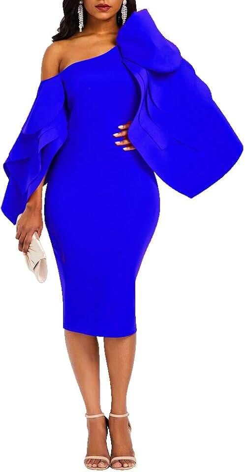 Bodycon Dress for Woman Long Sleeve Knee-Length Ruffle Sleeve Off Shoulder Evening Dress