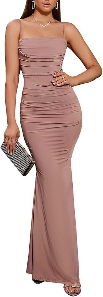 Women's Sleeveless Bodycon Corset Maxi Dress Spaghetti Strap Ruched Elegant Evening Party Long Dresses