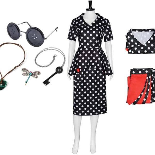 Coraline Costume Other Mother Cosplay Dress Uniform Retro Black White Polka Dot Dress with Hairclip